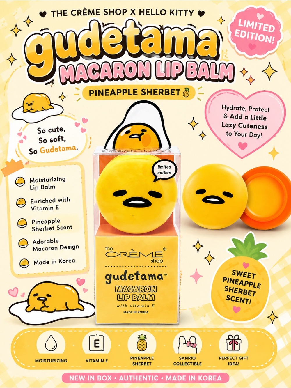 The Crème Shop Gudetama Macaron Lip Balm - Pineapple Sherbet New in Package